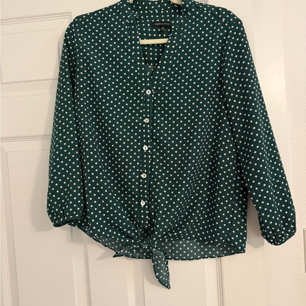 Green Polka Dot Tie-Front Blouse